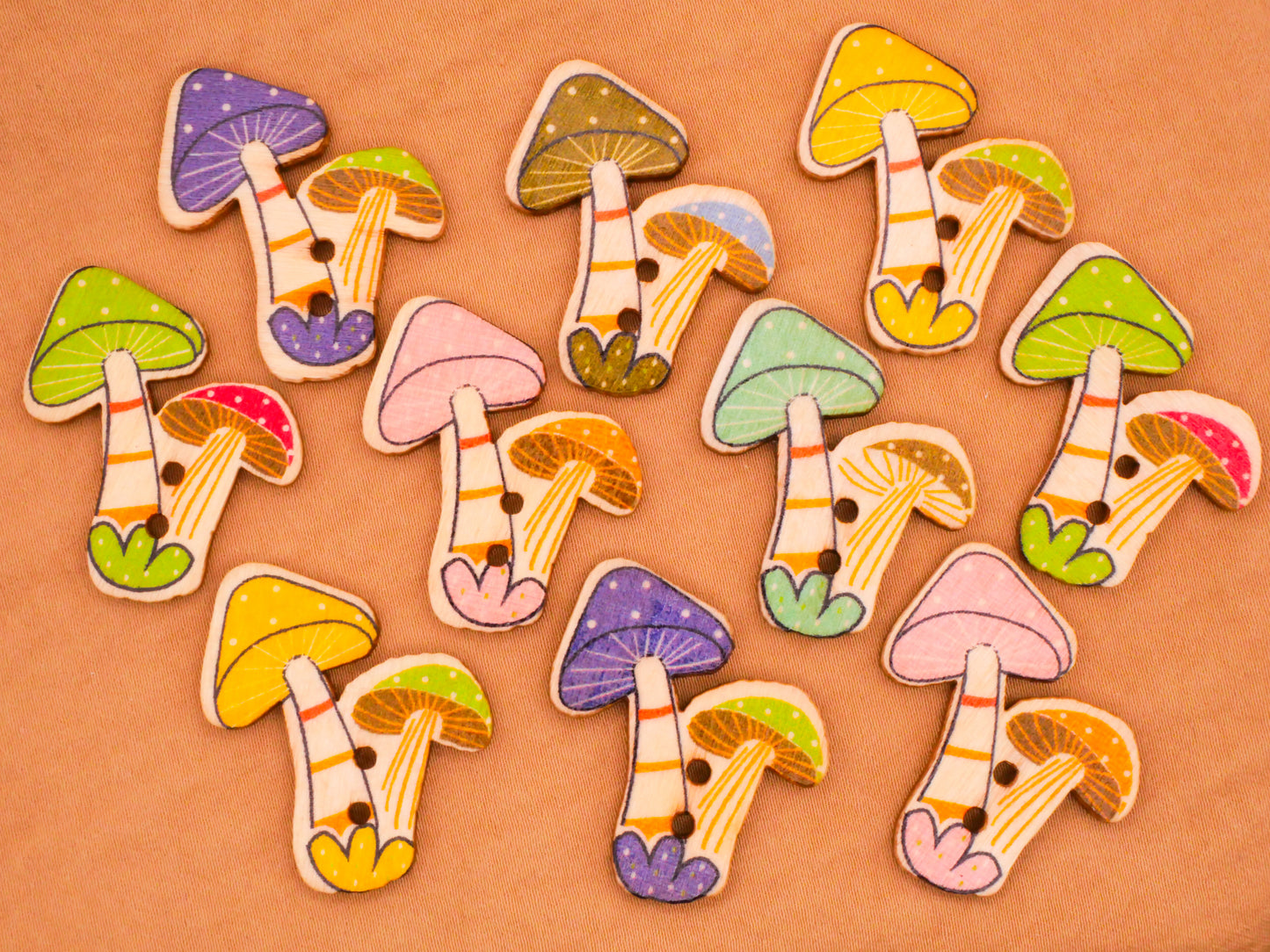 Mushroom Colorful Caps Wood Set of Ten Buttons 27x31mm