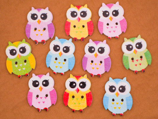 Owl Colorful Pastel Wood Set of Ten Buttons 19x25mm