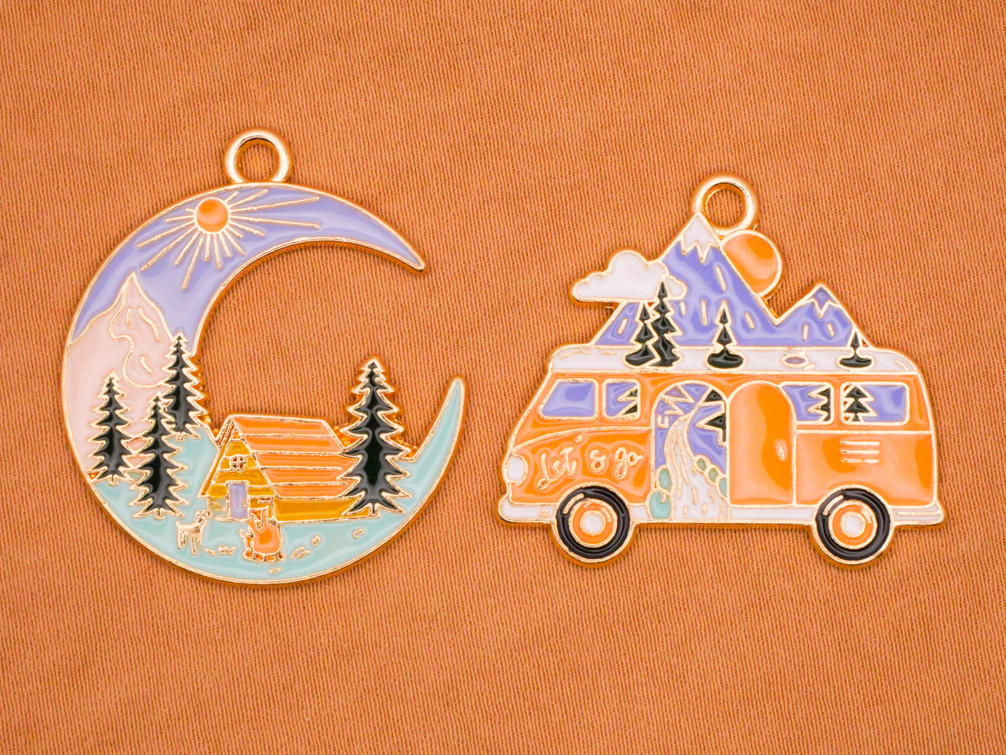 Camping Crescent Moon Bus Van Enamel Metal Pair of Charms Embellishments 27-31mm