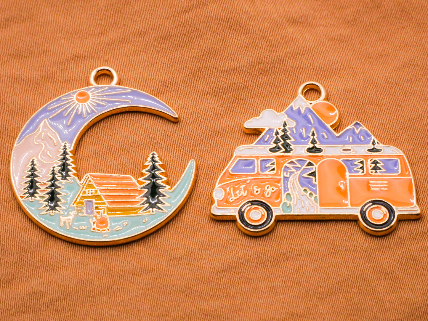 Camping Crescent Moon Bus Van Enamel Metal Pair of Charms Embellishments 27-31mm