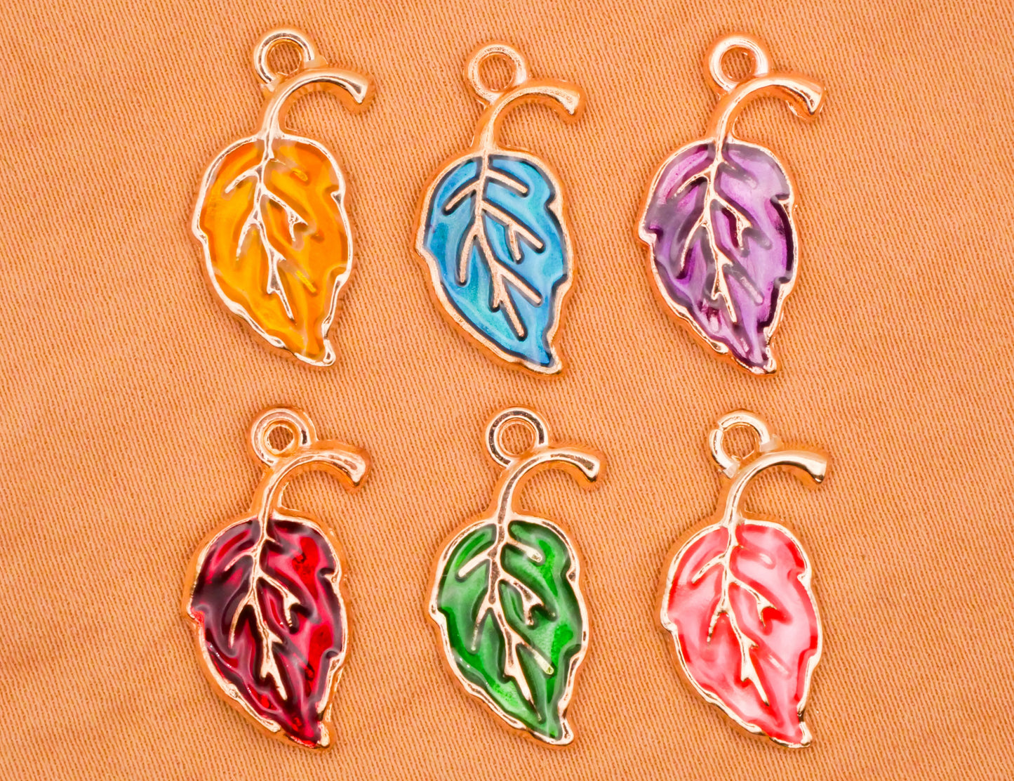 Leaf Leaves Colorful Enamel Gold Metal Set of Six Charms Embellishments 10x20mm