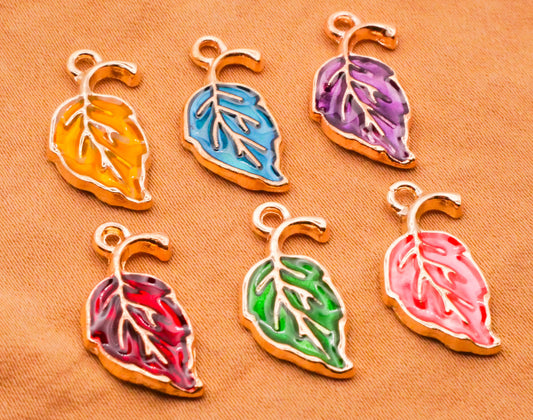 Leaf Leaves Colorful Enamel Gold Metal Set of Six Charms Embellishments 10x20mm