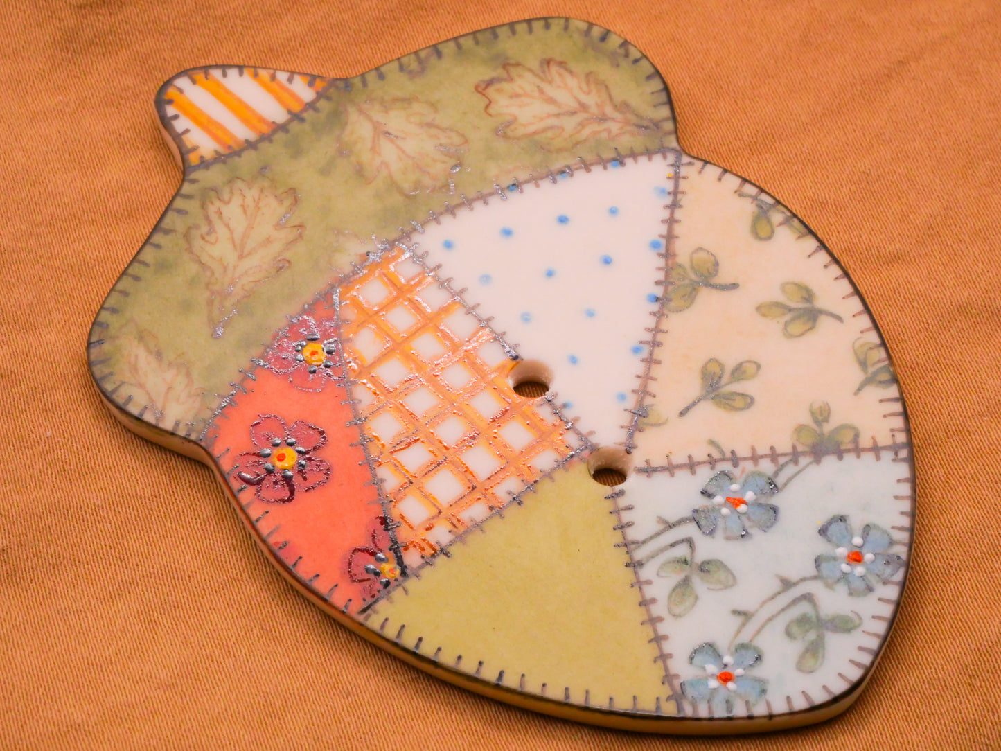 Acorn Patchwork Hand-Painted Large Porcelain Ceramic Button 51x72mm