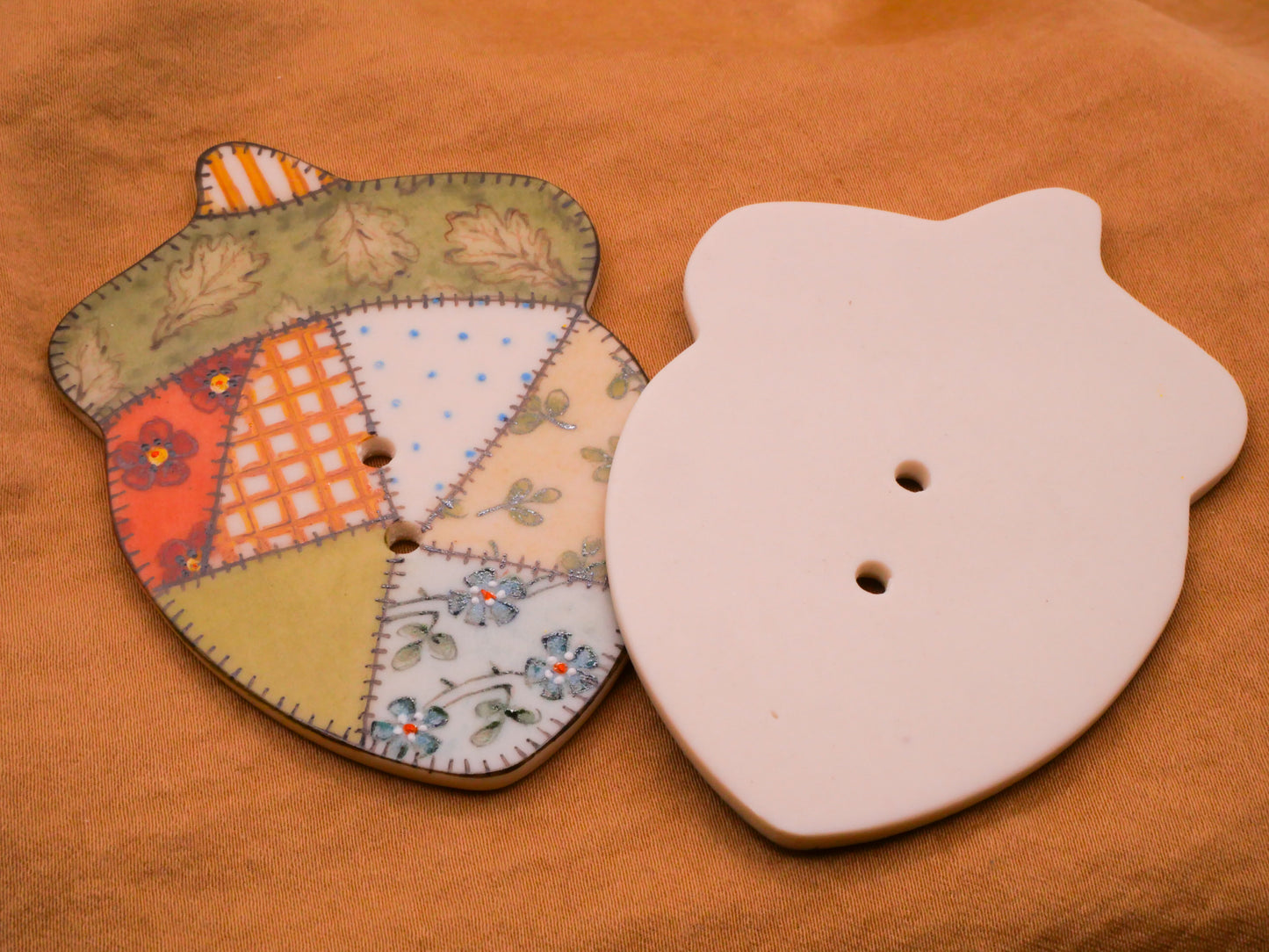 Acorn Patchwork Hand-Painted Large Porcelain Ceramic Button 51x72mm