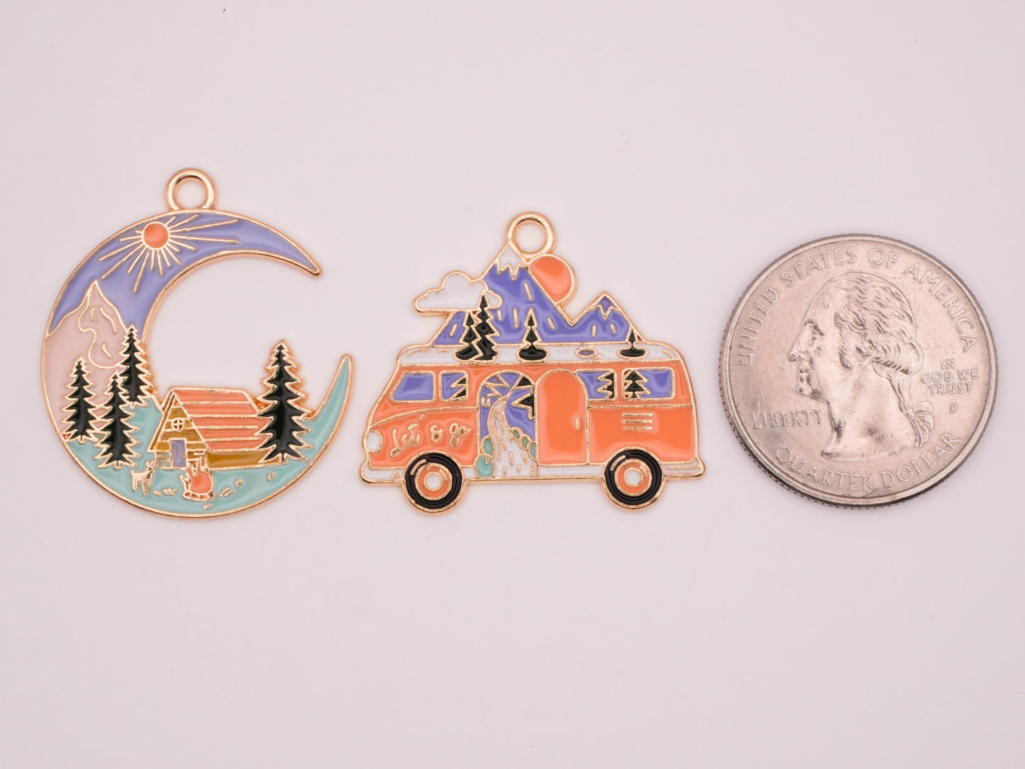 Camping Crescent Moon Bus Van Enamel Metal Pair of Charms Embellishments 27-31mm