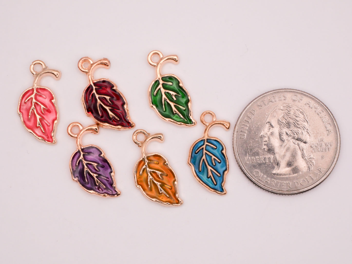 Leaf Leaves Colorful Enamel Gold Metal Set of Six Charms Embellishments 10x20mm