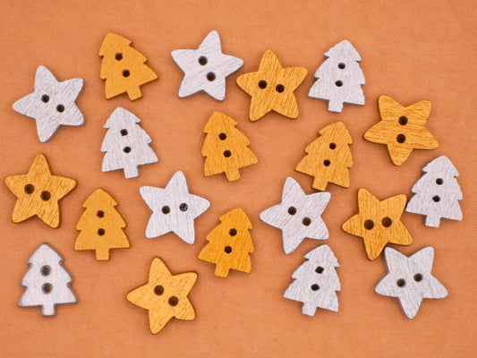 Star Tree Metallic Gold Silver Painted Wood Set of Twenty Buttons 11-14mm