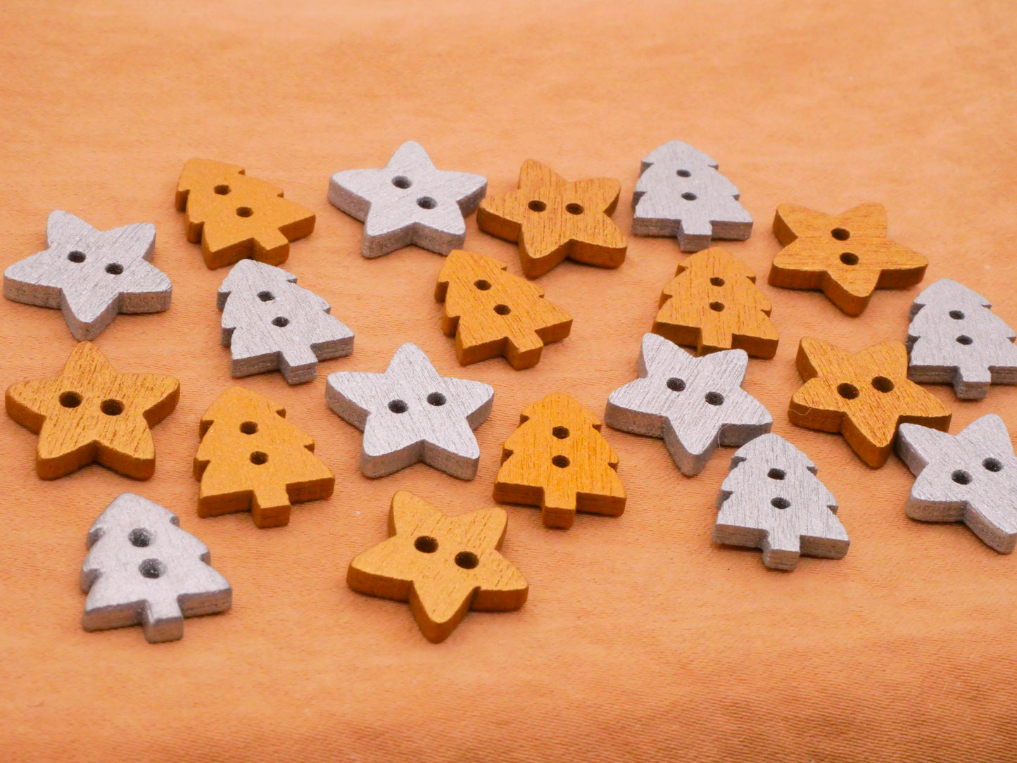 Star Tree Metallic Gold Silver Painted Wood Set of Twenty Buttons 11-14mm