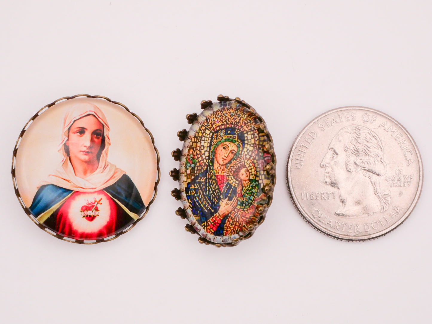 Virgin Mary Glass Lace Crown Dome Bronze Metal Button Various 19-26mm