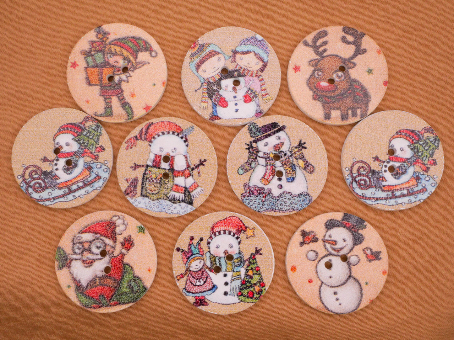 Snowman Reindeer Santa Wood Assorted Set of Ten Buttons 25mm