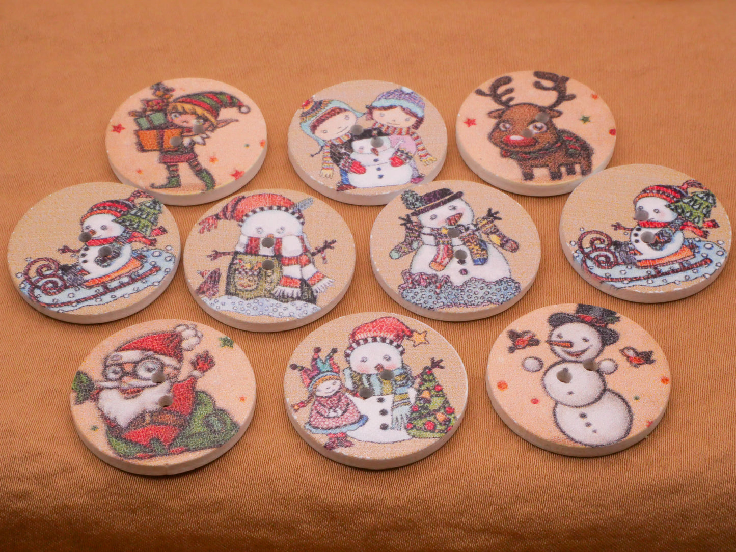 Snowman Reindeer Santa Wood Assorted Set of Ten Buttons 25mm