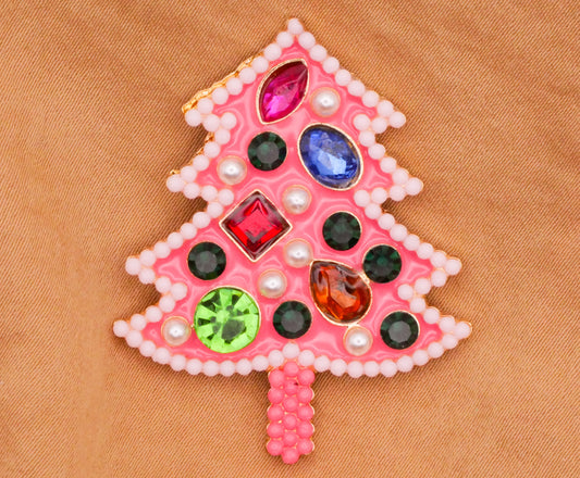 Christmas Tree Pink Pearls Rhinestones Large Metal Button 33x41mm