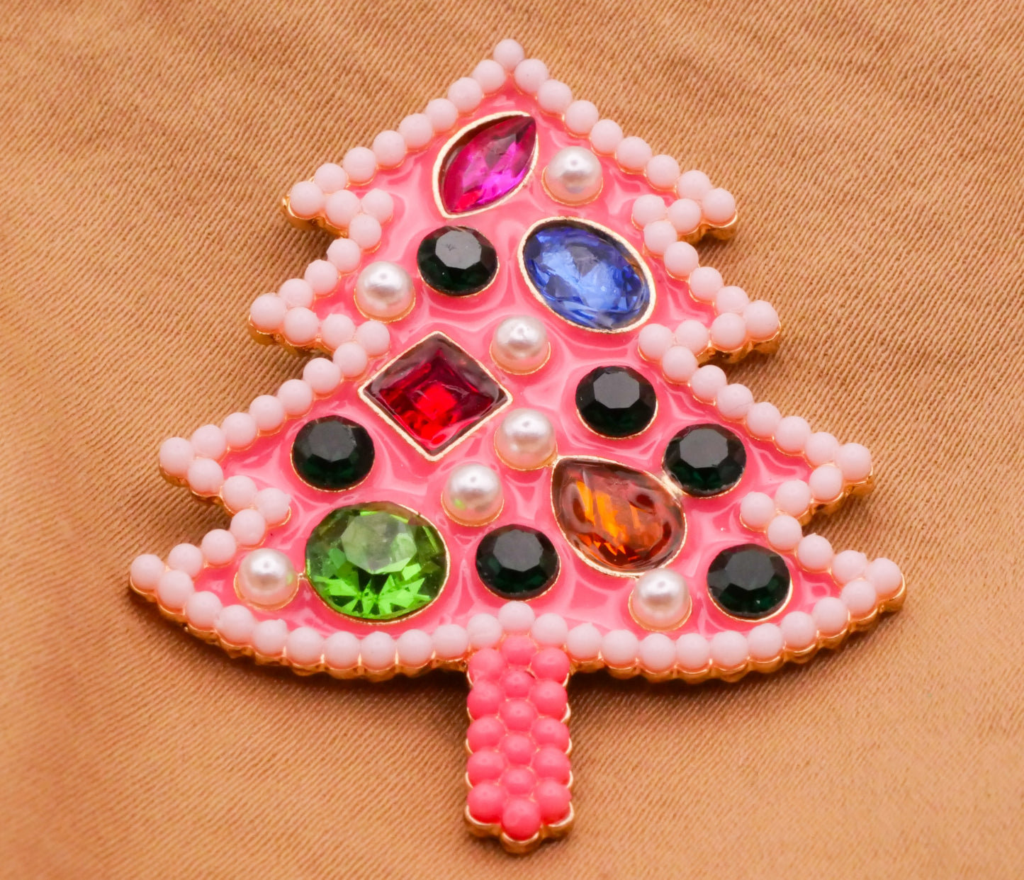 Christmas Tree Pink Pearls Rhinestones Large Metal Button 33x41mm