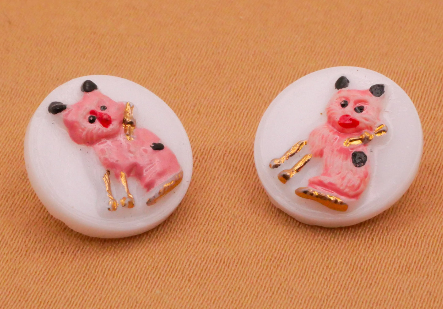 Dog Pink Gold Bow Vintage Glass Button Various 14mm