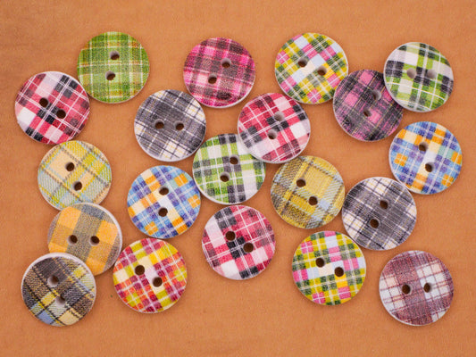 Plaid Pink Green Blue Red Wood Set of Twenty Buttons 15mm