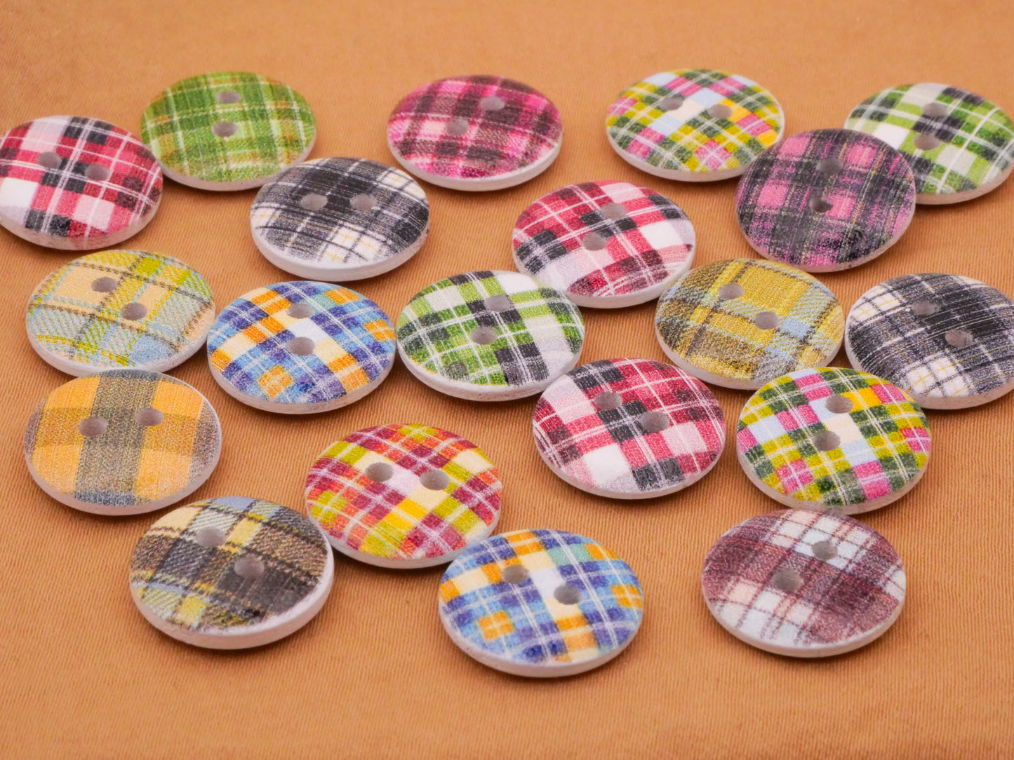 Plaid Pink Green Blue Red Wood Set of Twenty Buttons 15mm