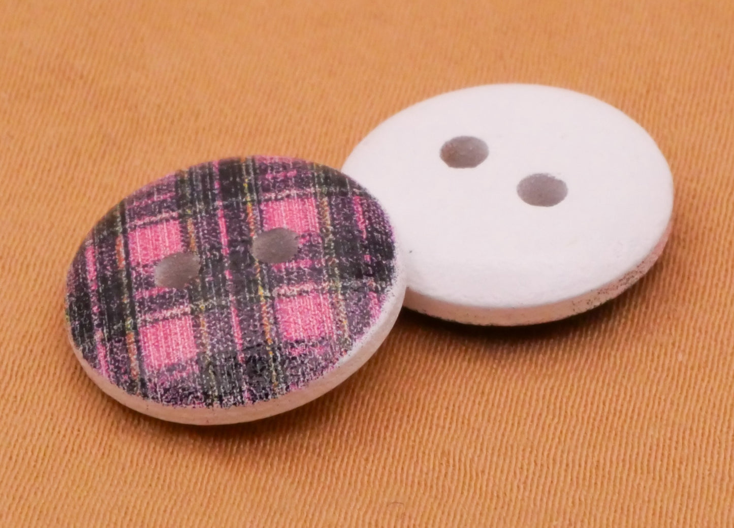 Plaid Pink Green Blue Red Wood Set of Twenty Buttons 15mm