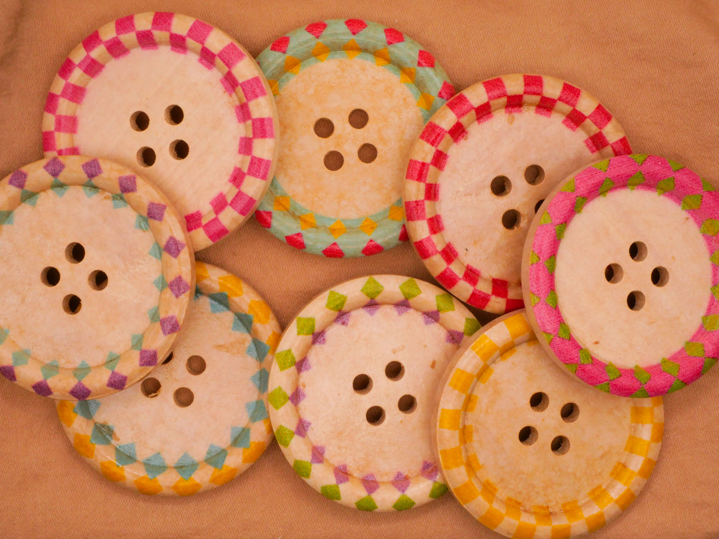 Checkerboard Edge Multi-Color Wood Large Assorted Set of Four Buttons 40mm