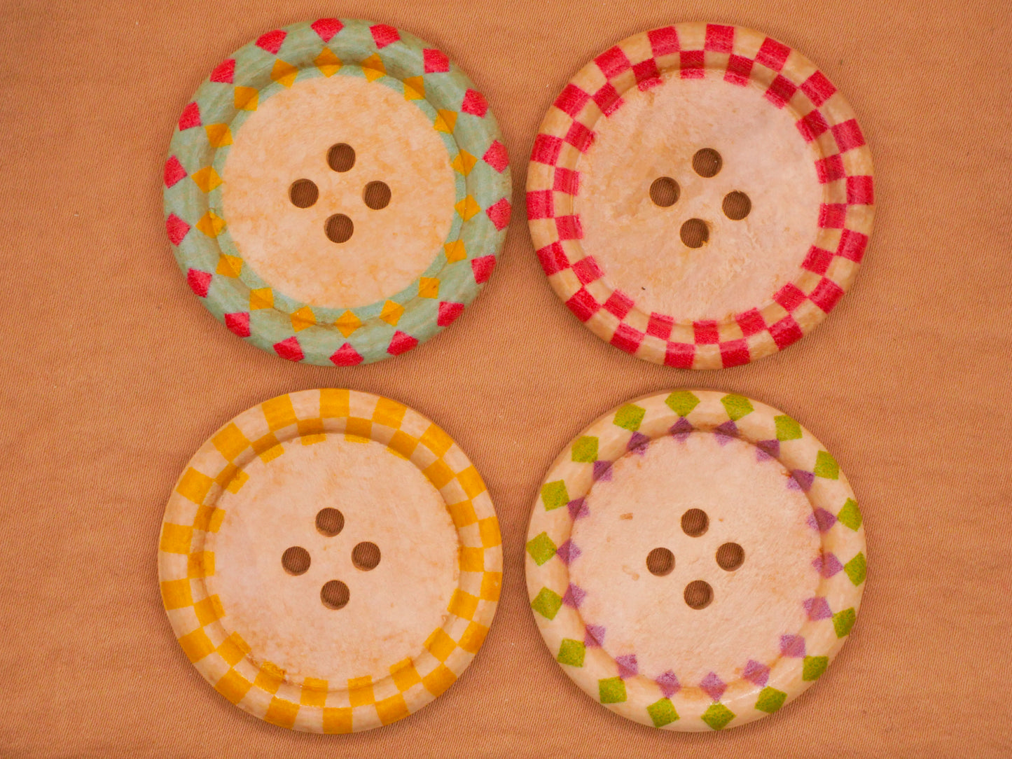 Checkerboard Edge Multi-Color Wood Large Assorted Set of Four Buttons 40mm