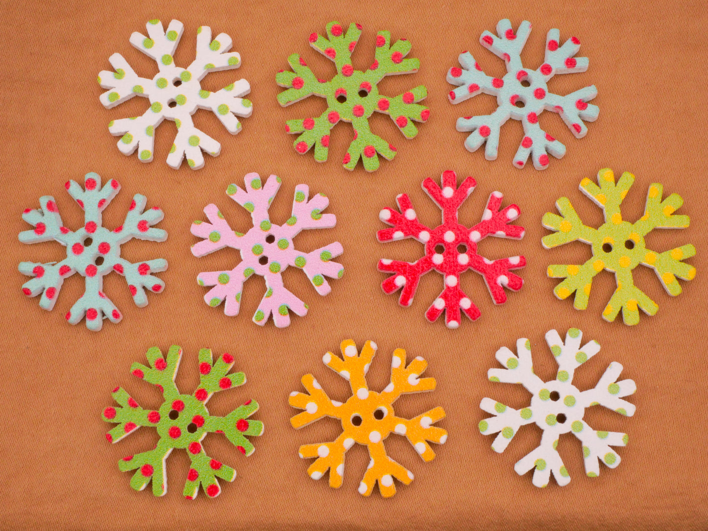 Snowflake Polka Dot Colorful Wood Set of Ten Buttons 23mm