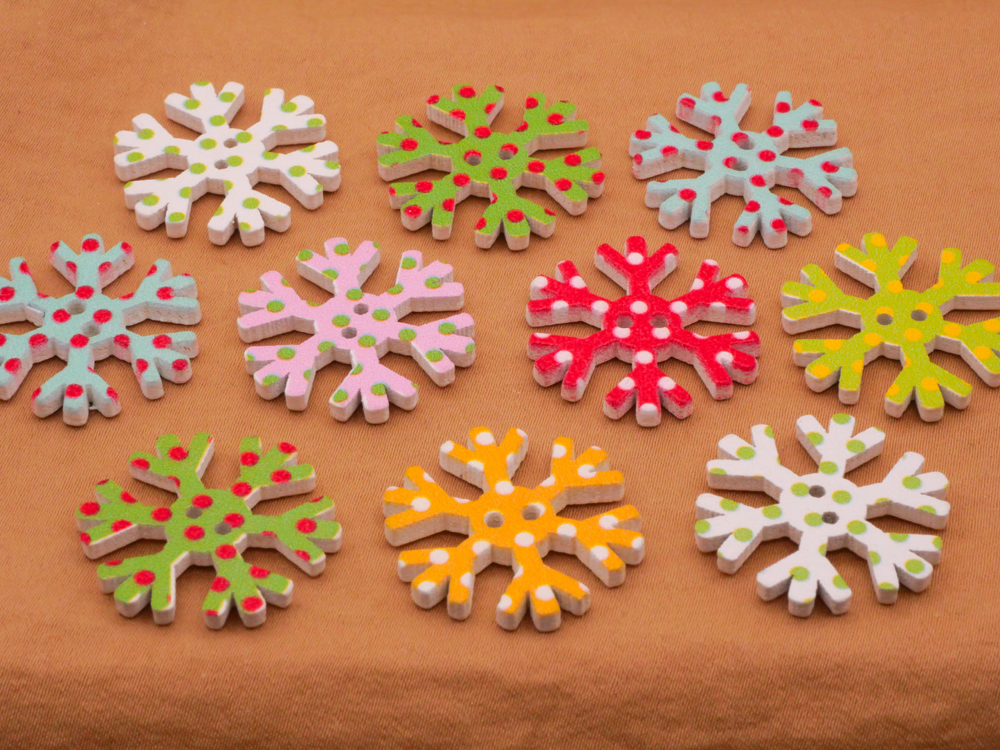 Snowflake Polka Dot Colorful Wood Set of Ten Buttons 23mm