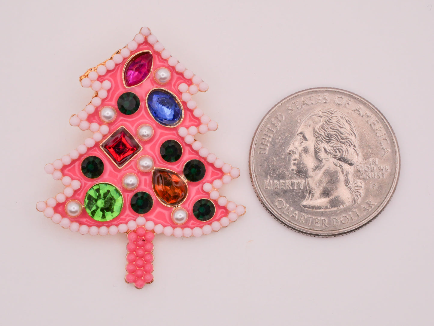 Christmas Tree Pink Pearls Rhinestones Large Metal Button 33x41mm