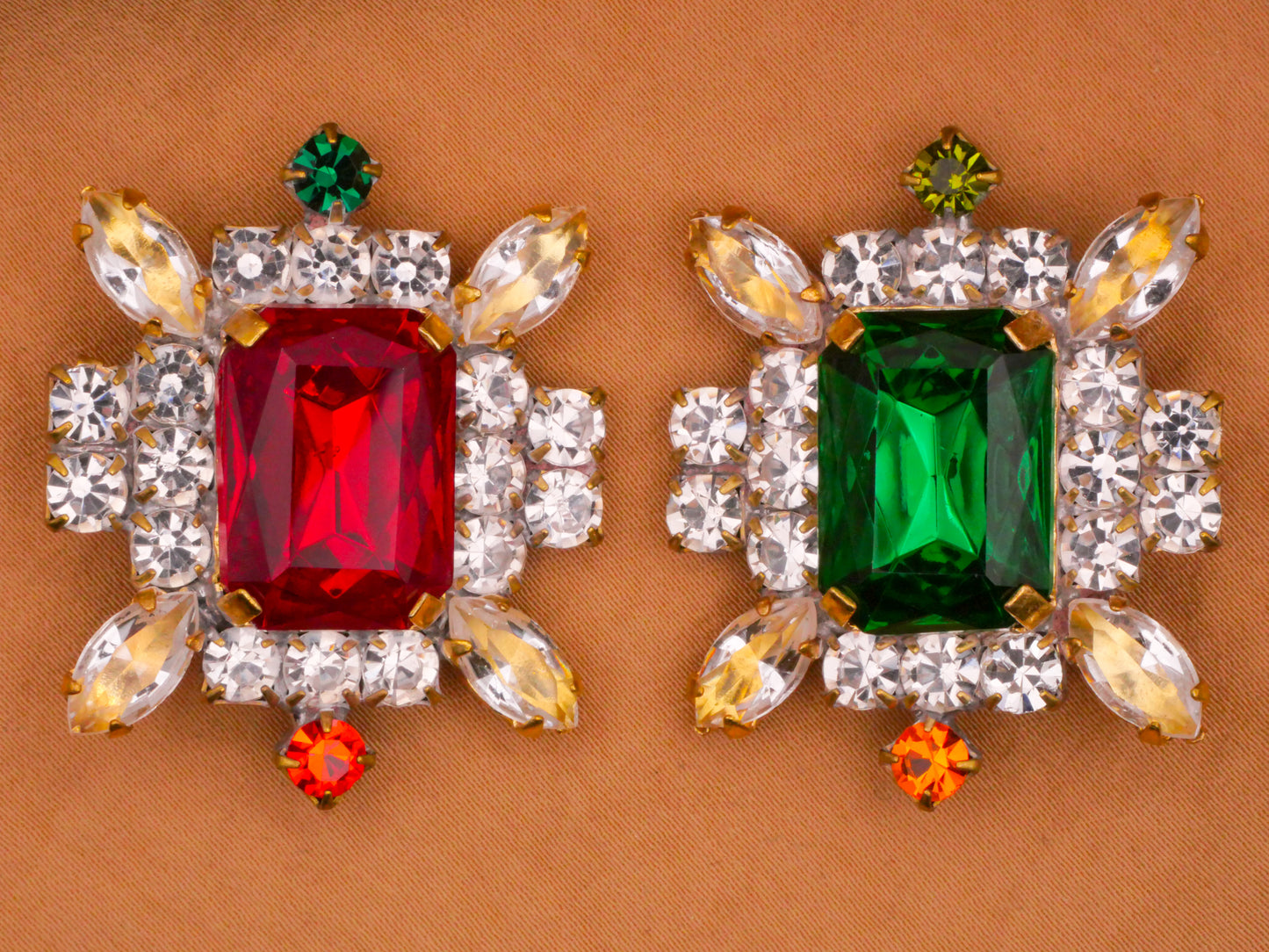 Czech Rhinestone Red Green Frame Large Glass Metal Button Various 31x38mm