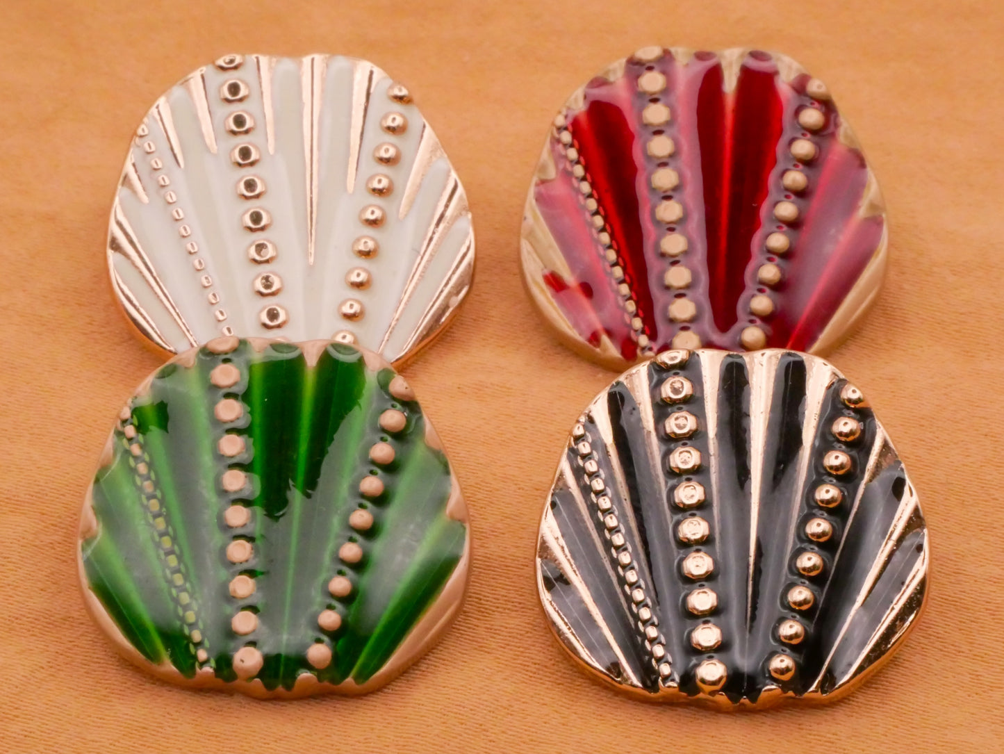 Art Deco Fan Red Green Enamel Gold Metal Button Various 20x22mm