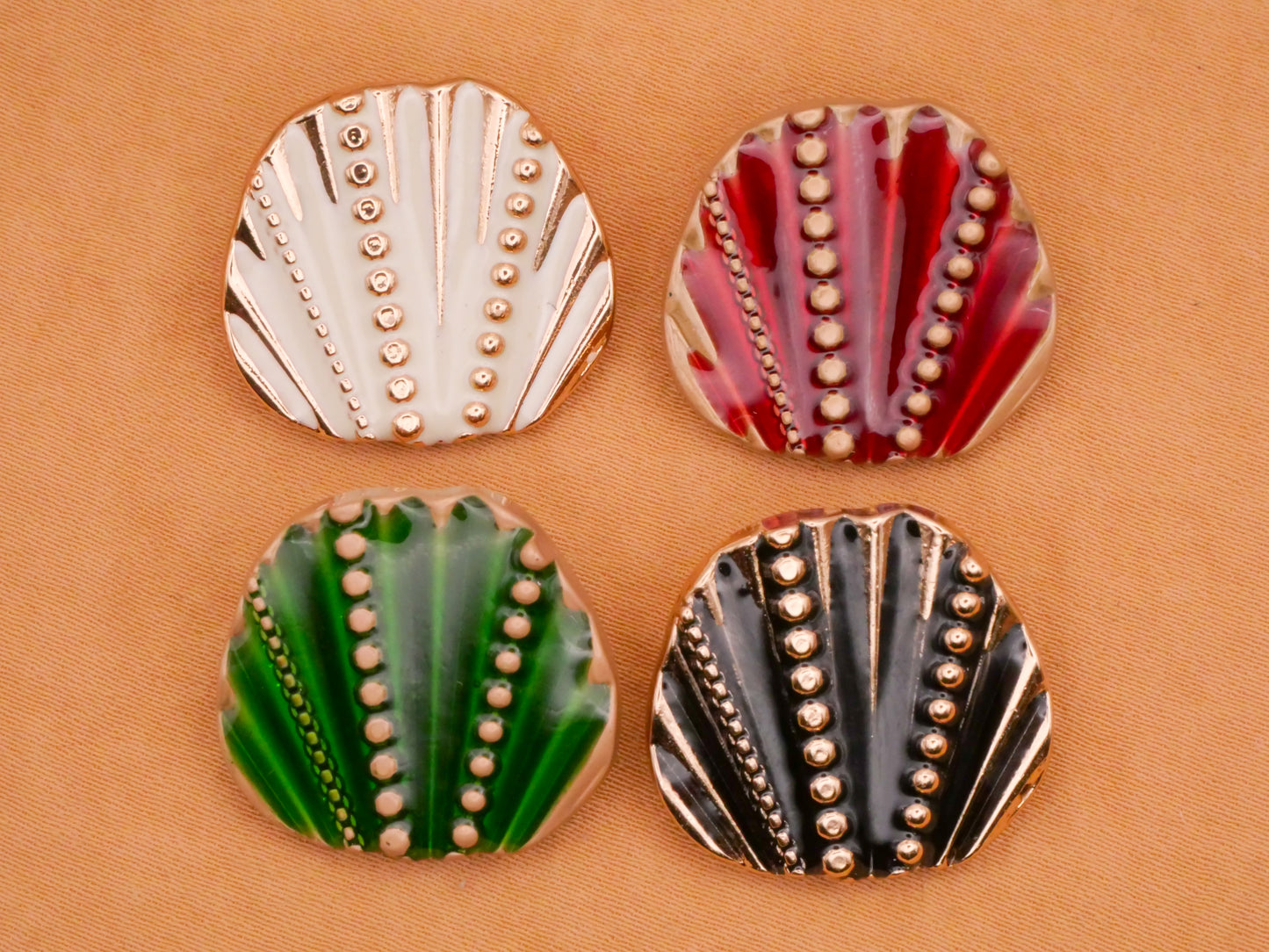 Art Deco Fan Red Green Enamel Gold Metal Button Various 20x22mm