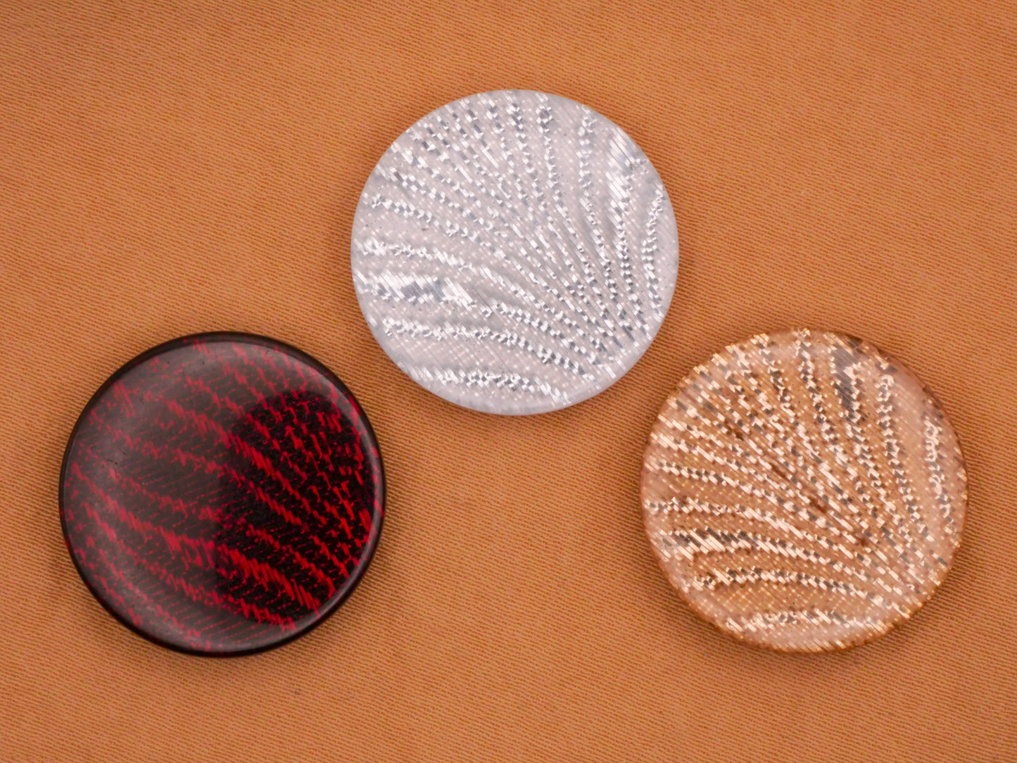 Shimmer Fabric Under Plastic Red Silver Gold Set of Three Buttons Various 22mm