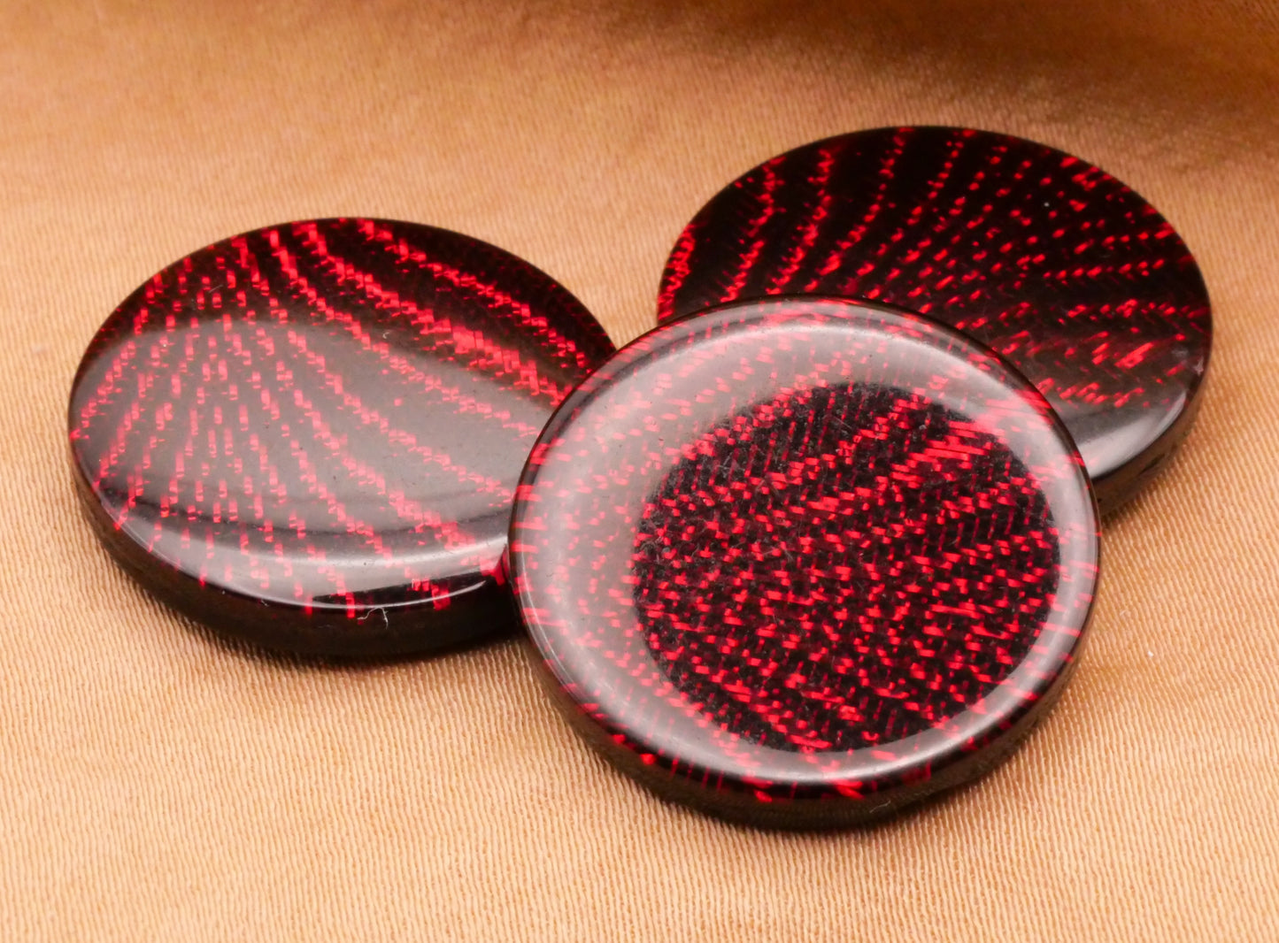 Shimmer Fabric Under Plastic Red Silver Gold Set of Three Buttons Various 22mm