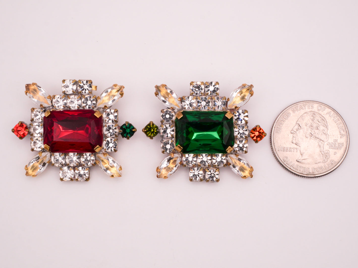 Czech Rhinestone Red Green Frame Large Glass Metal Button Various 31x38mm