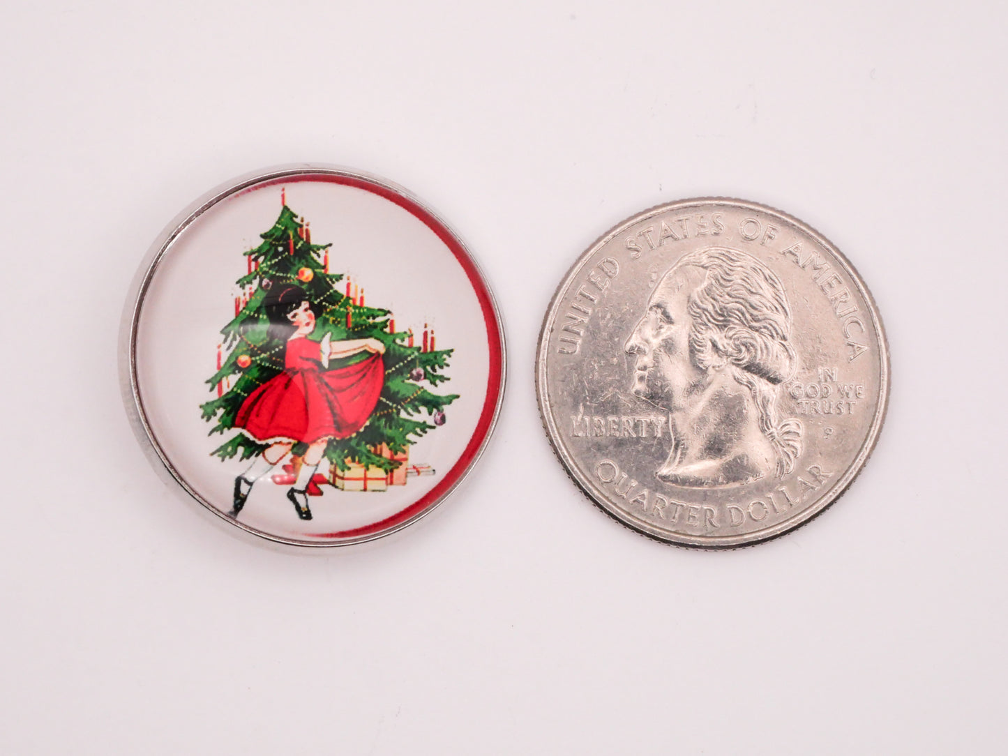 Dancing Girl Party Dress Christmas Tree Glass Dome Silver Metal Button 27mm