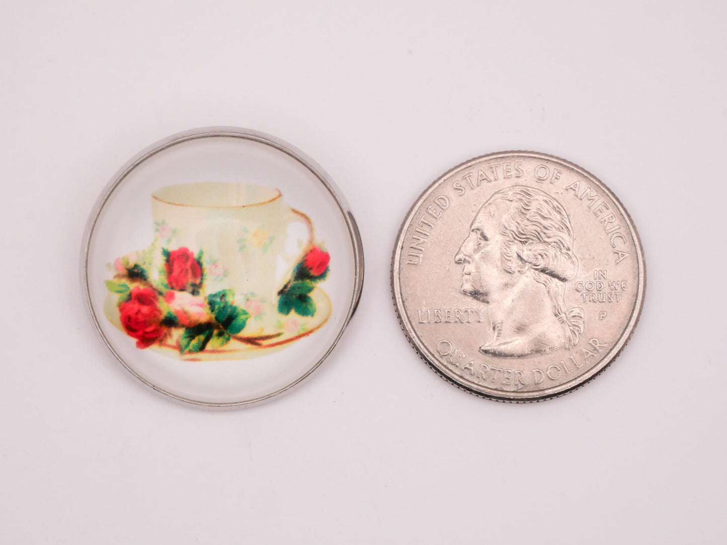 Teacup Red Pink Roses Glass Dome Silver Metal Button 27mm