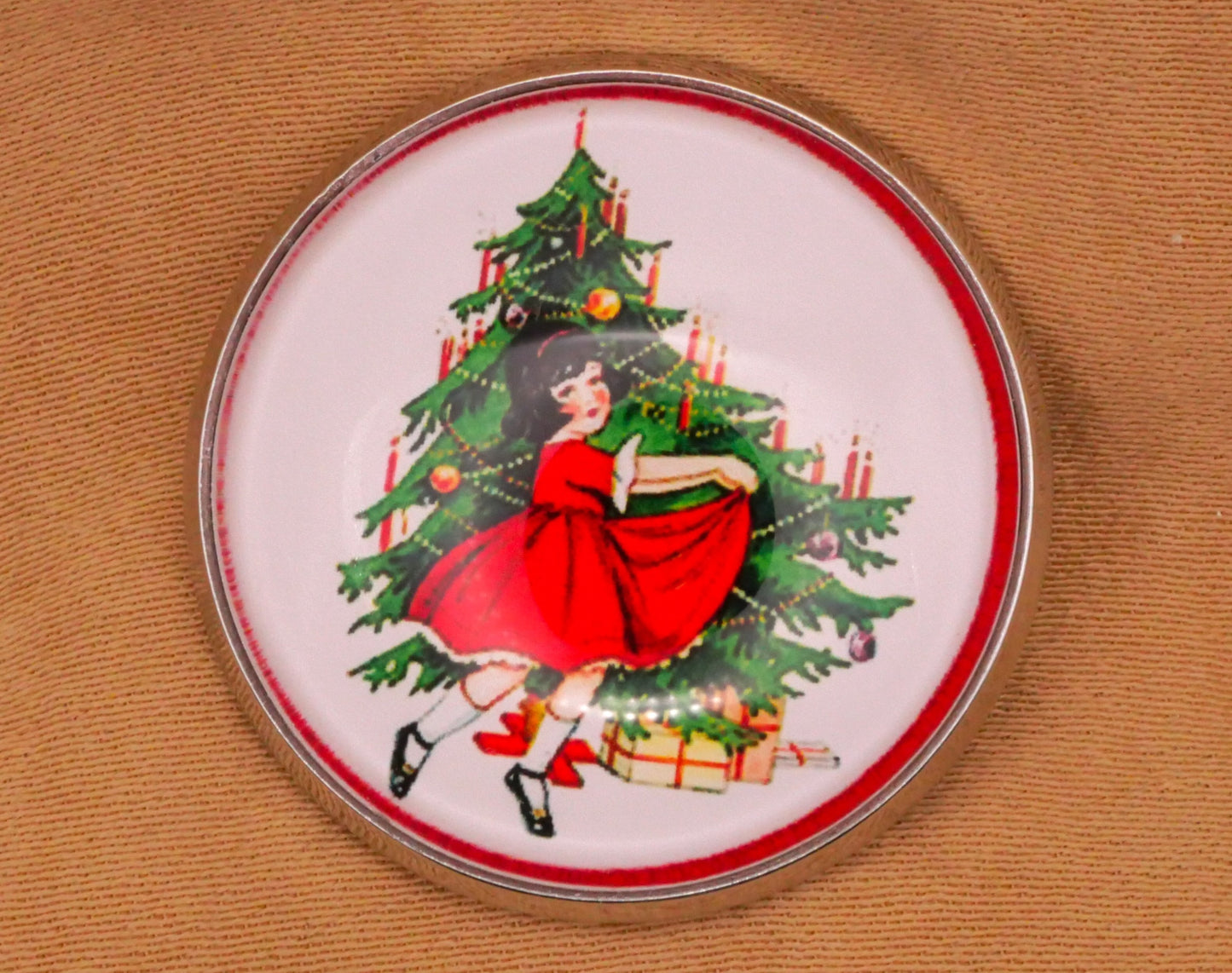 Dancing Girl Party Dress Christmas Tree Glass Dome Silver Metal Button 27mm