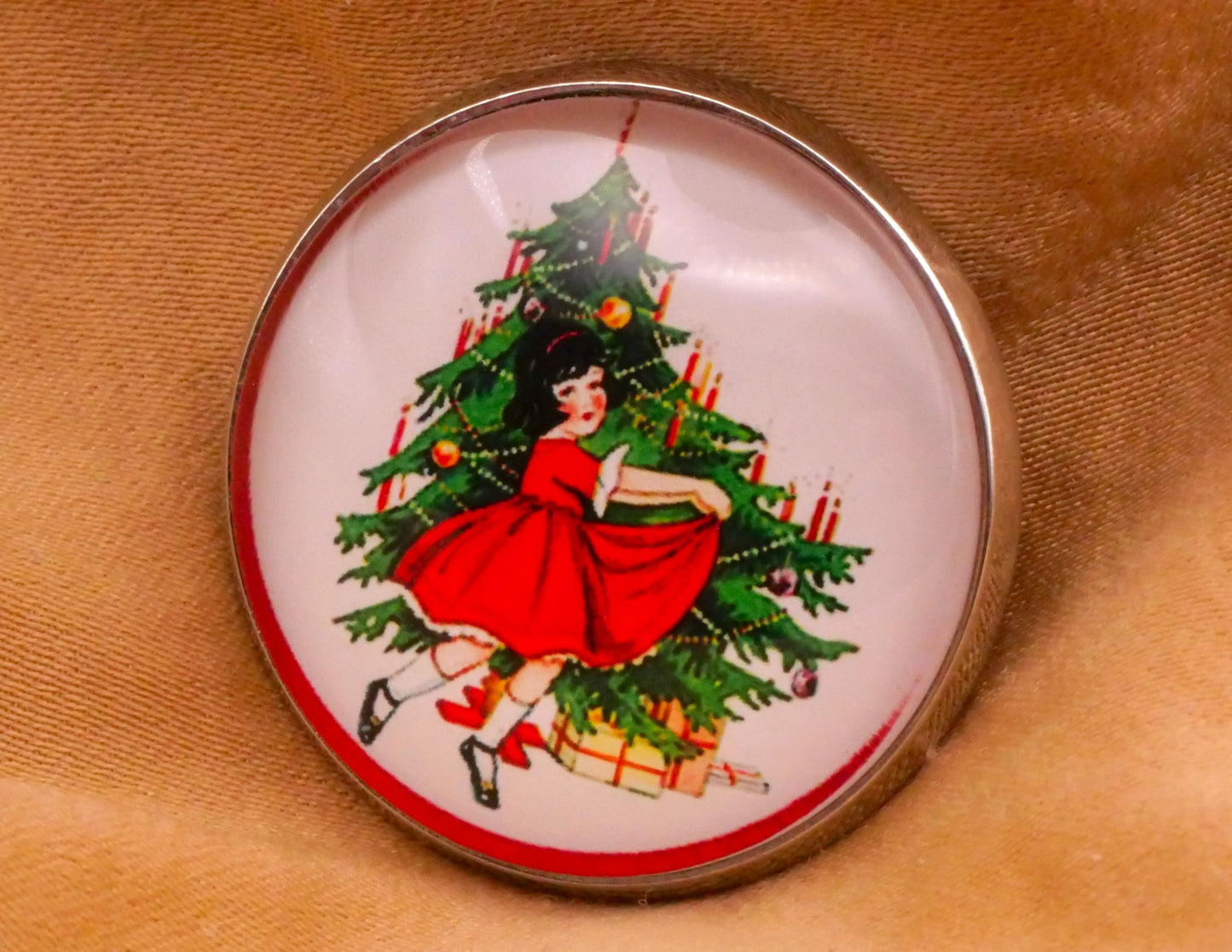 Dancing Girl Party Dress Christmas Tree Glass Dome Silver Metal Button 27mm