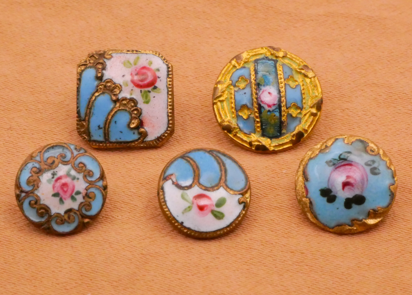 Rose Pink Aqua Enamel Cloisonné Antique Metal Button Various 9-11mm