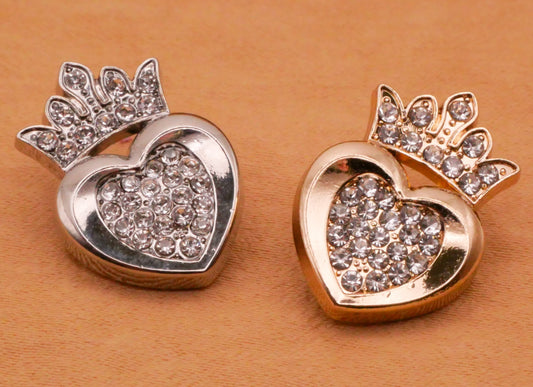 Heart Crown Rhinestone Silver Metal Button 14x20mm