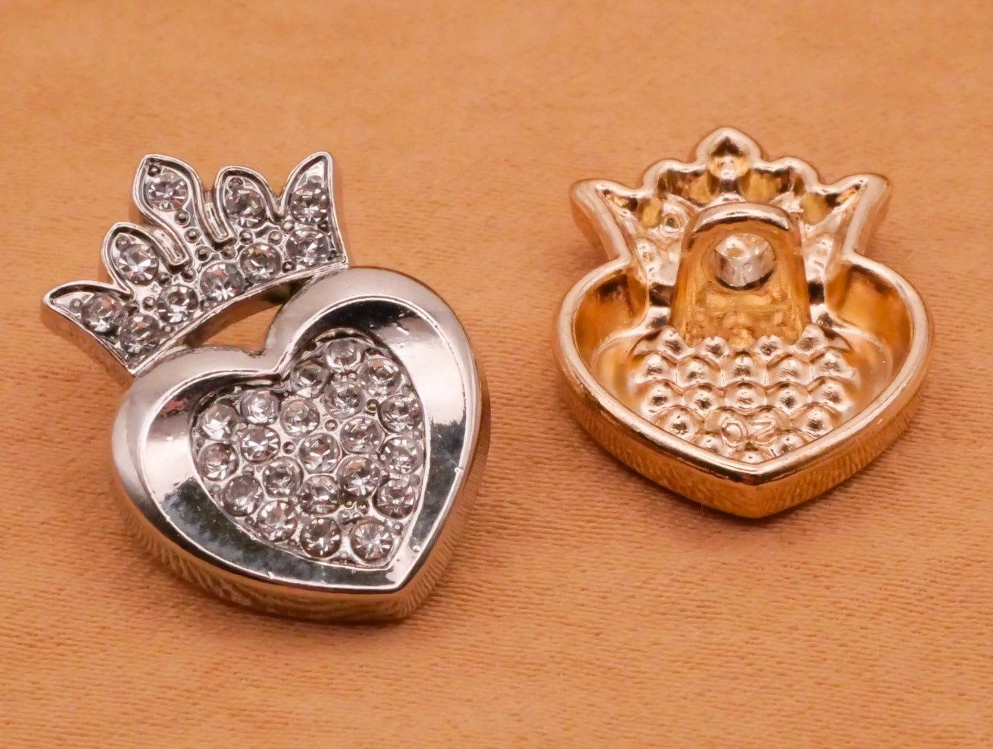 Heart Crown Rhinestone Silver Metal Button 14x20mm