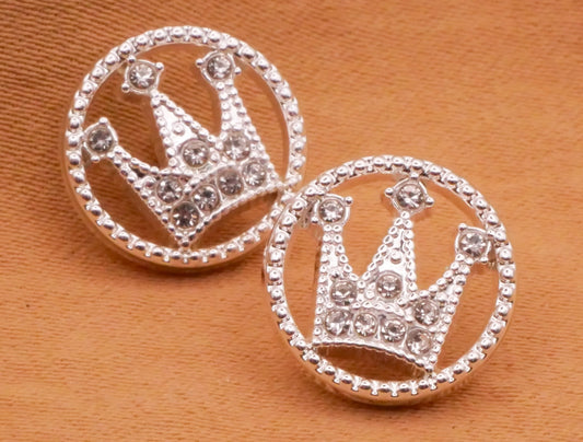 Crown Rhinestone Silver Metal Pair of Buttons 12mm