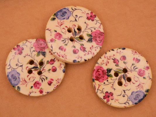 Rose Flower Pink Blue Wood Set of Three Buttons 30mm