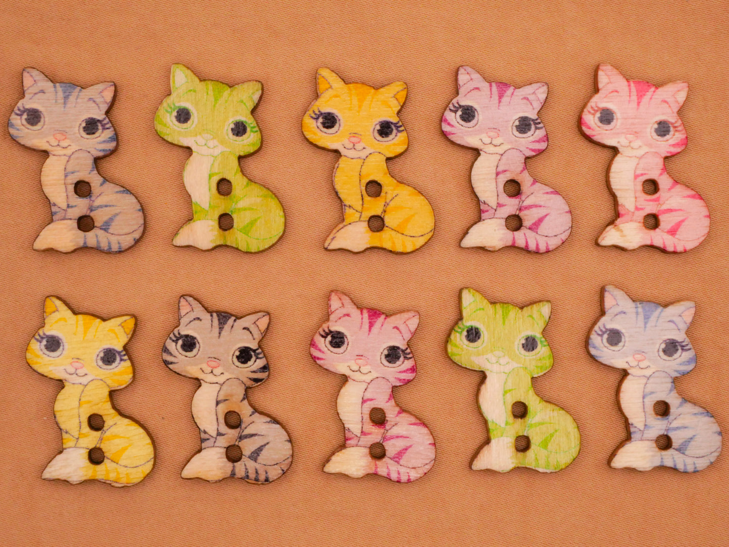 Cat Kitty Pink Green Blue Wood Set of Ten Buttons 16x25mm