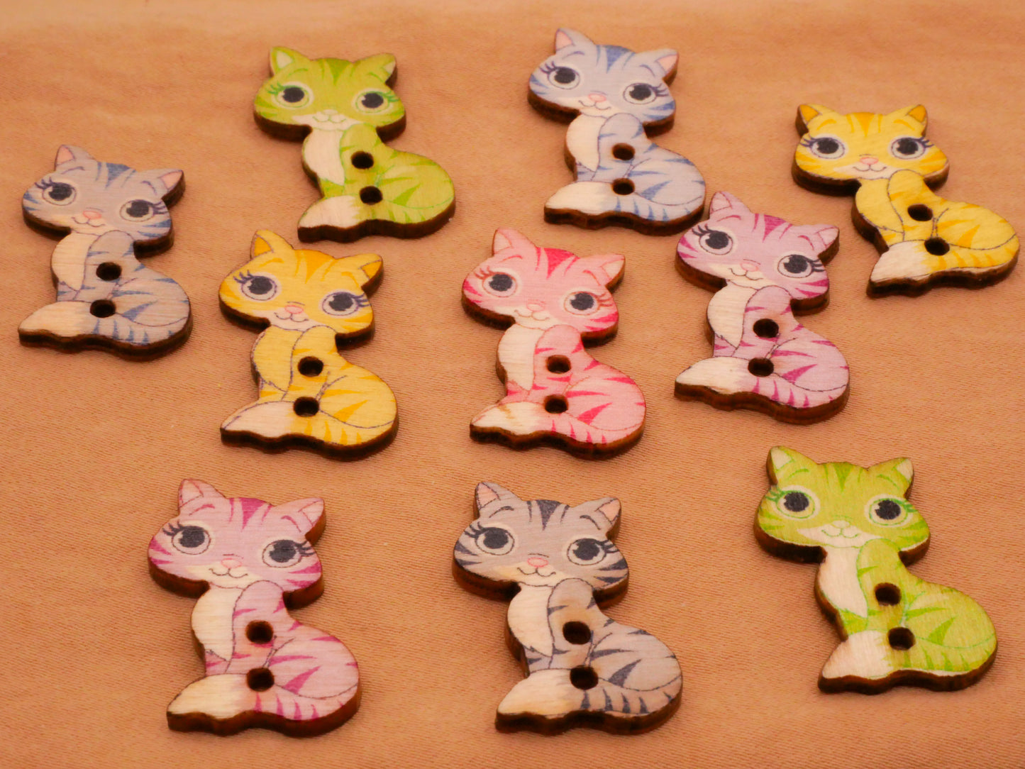 Cat Kitty Pink Green Blue Wood Set of Ten Buttons 16x25mm