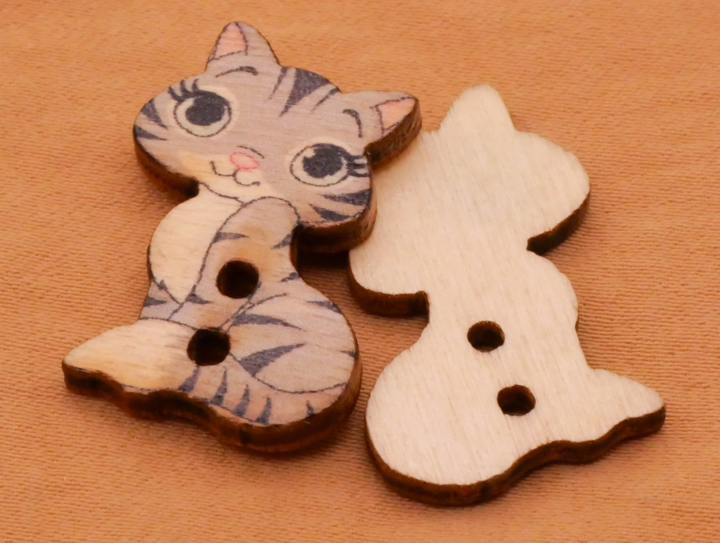 Cat Kitty Pink Green Blue Wood Set of Ten Buttons 16x25mm