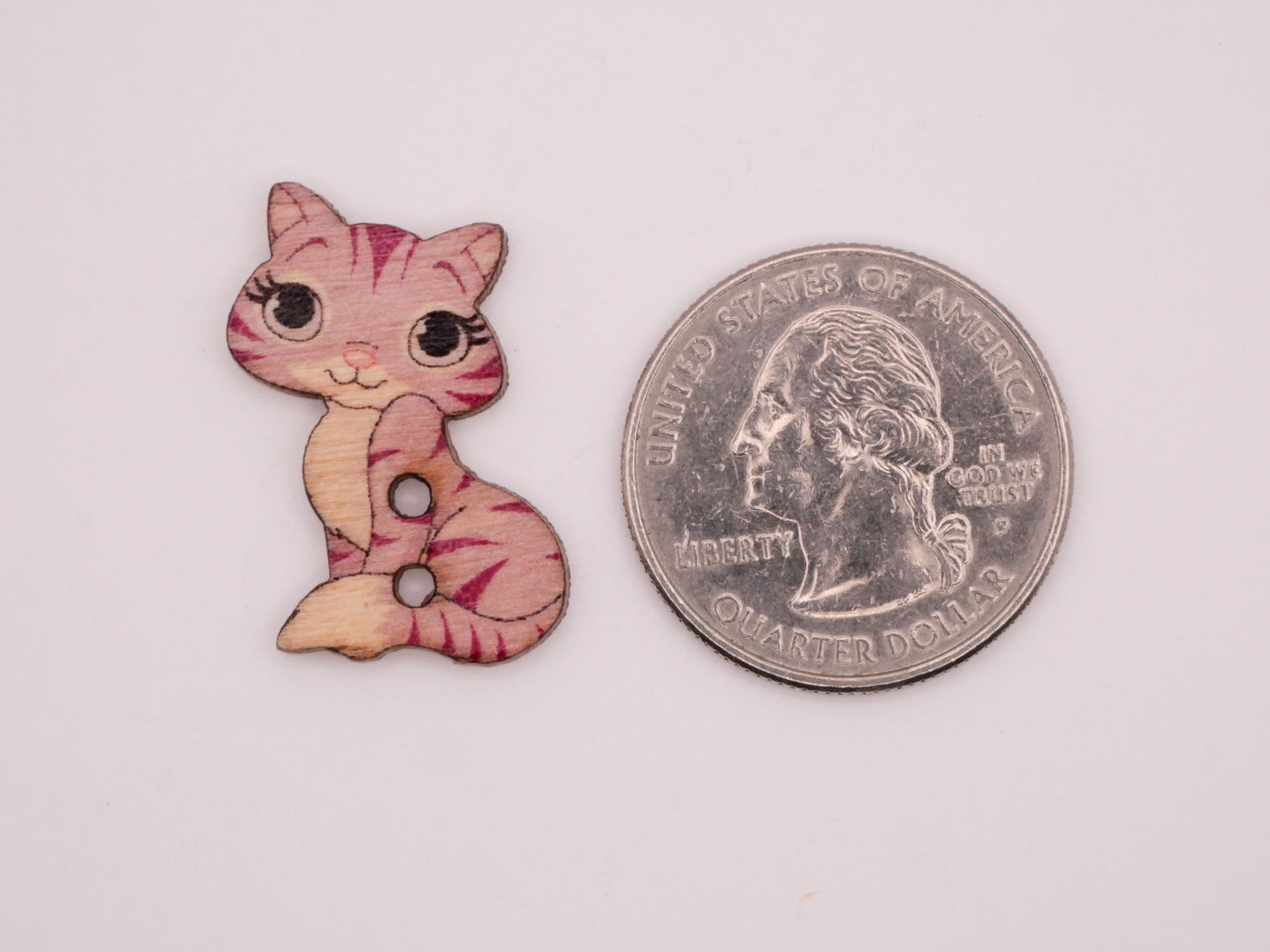 Cat Kitty Pink Green Blue Wood Set of Ten Buttons 16x25mm