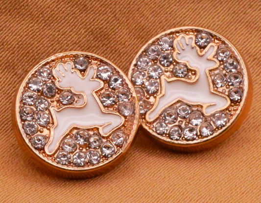 Reindeer Stag Deer Enamel Rhinestone Gold Metal Pair of Buttons 12mm