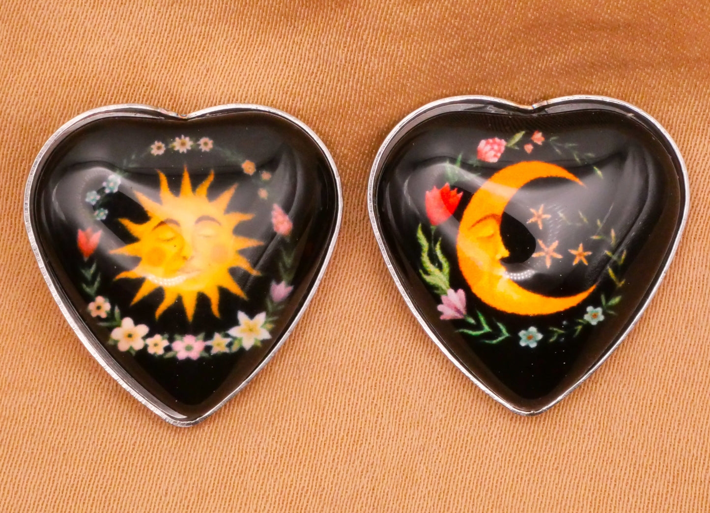 Sun Moon Celestial Flower Wreath Plastic Metal Pair of Buttons 21mm