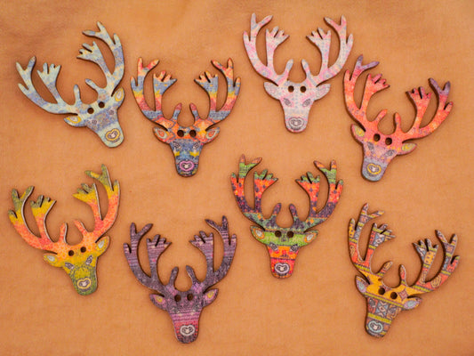 Deer Stag Colorful Tribal Patterns Wood Assorted Set of Eight Buttons 29x31mm