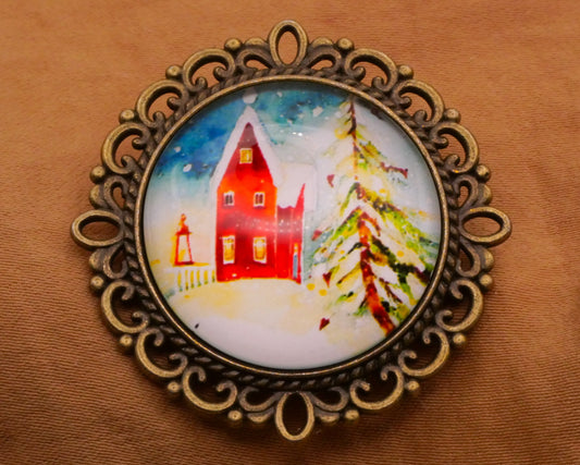 Red House Home Pine Tree Winter Scene Dome Metal Large Button 37mm