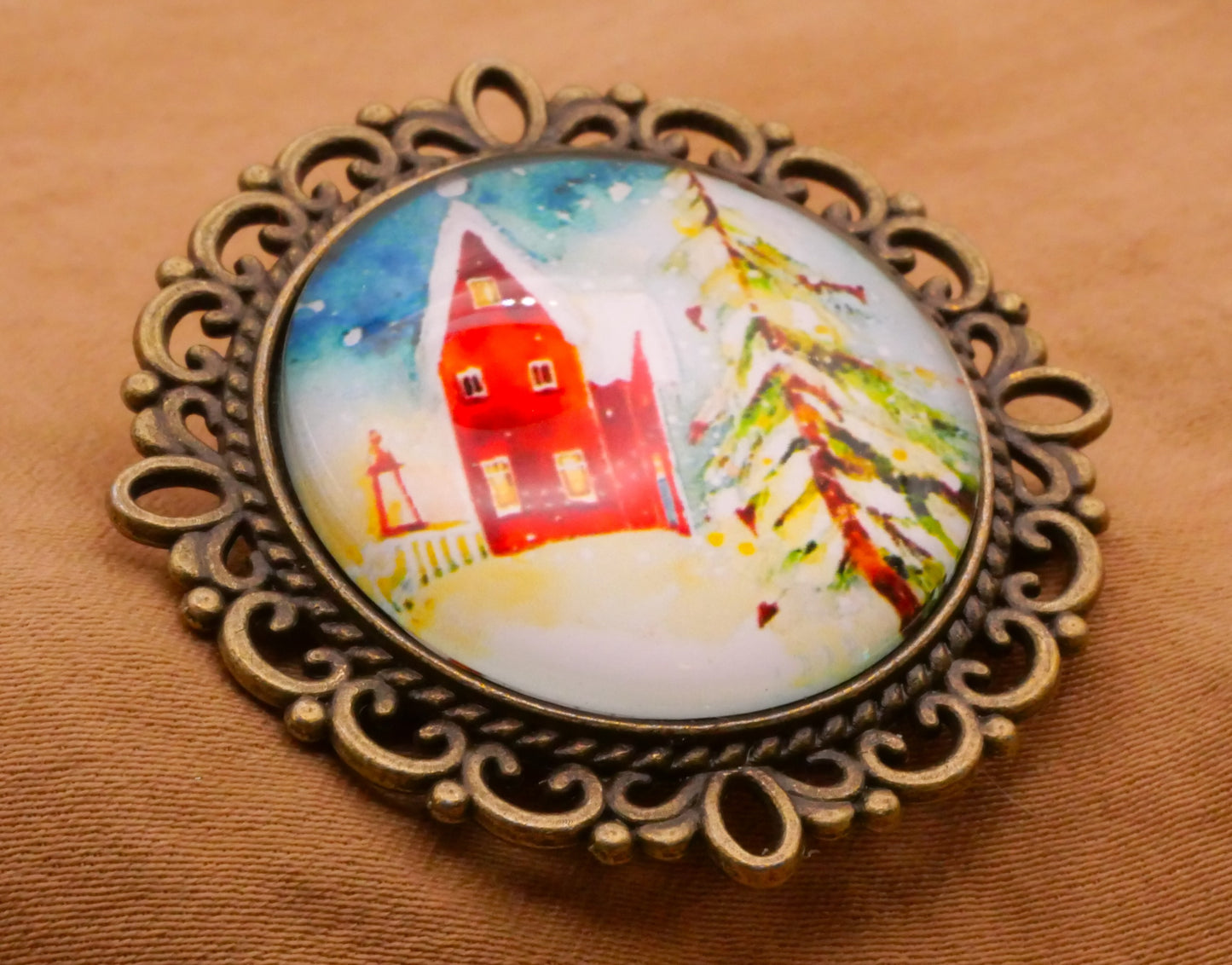 Red House Home Pine Tree Winter Scene Dome Metal Large Button 37mm